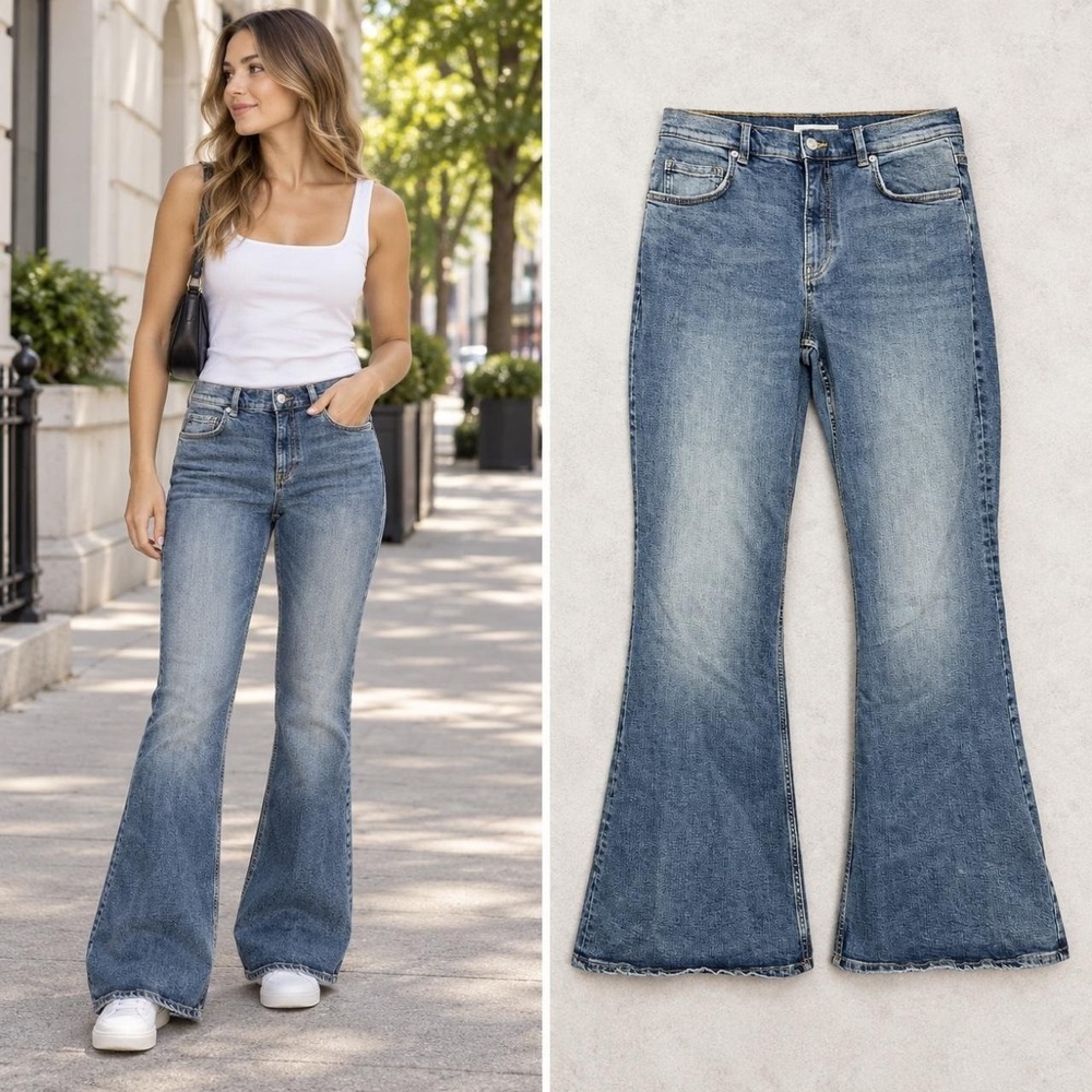 MNG by Mango Jeans Women's 10 Medium Wash Mid Rise Flare Stretch Y2K Everyday